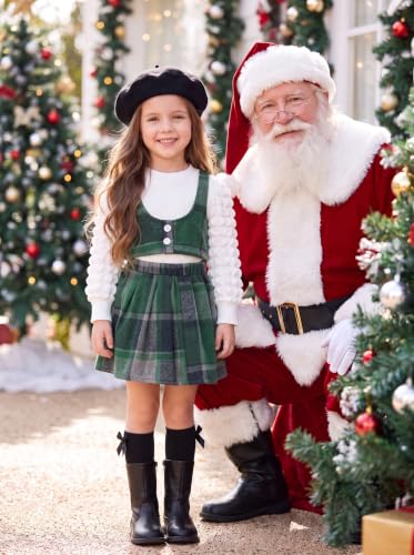 Image of Toddler Girls Fall Winter Outfits Girls Puff Sleeve Knit Ribbed Tops Button Down Vest Plaid Skirt Set Fall Clothes