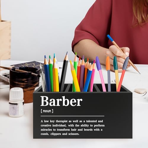 Image of Barber Definition Pen Pencil Holder Organizer for Desk, Salon Barbershop Decor, Modern Minimalist Barber Shop Wooden Box Signs Decorations for Home Office Desk Tabletop
