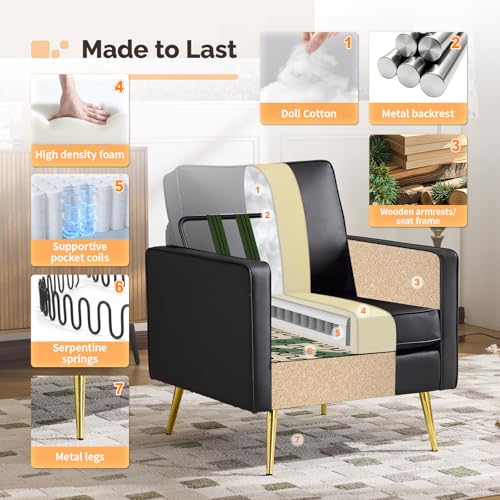 Image of VINGLI Modern Accent Chair, Upholstered Faux Leather PU Armchair with Thick Cushion & Metal Legs, Comfortable Reading Chair for Living Room, Bedroom, Office, Green