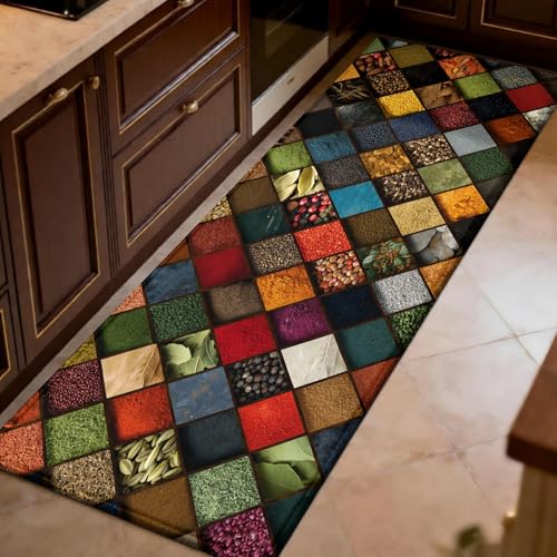 Tapis de Cuisine imprimé Épices en Forme de Losange géométrique 50x150 cm Tapis Sol Thème Culinaire antidérapant Lavable entrée Devant Chambre Salon