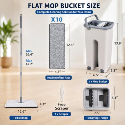 Image of Mop Heavy Quality Floor Mop with Bucket, Flexible Kitchen tap Flat Squeeze Cleaning Supplies 360 Flexible Head /2 Reusable Pads Clean Home Floor Cleaners
