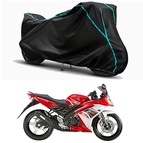 Image of Waterproof Bike Body Cover Compatible for | Yamaha YZF R15S 1.0 | Taffeta Fabric, Sky Piping Design, Bottom Elastic Fit | Dustproof, Sun UV & Rain Protection for All Weather.