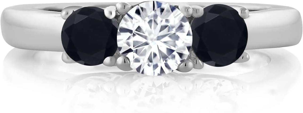 Gem Stone King 0.94 Cttw Round Lab Grown Diamond and Black Onyx 3-Stone Ring for Women | 925 Sterling Silver | 3 Stone Wedding Engagement Anniversary Promise Ring For Women - Image 2