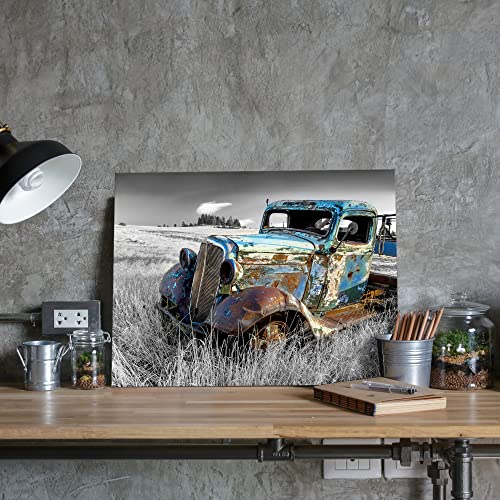 Sunflax Old Truck Canvas Wall Art: Rusty Blue Car Artwork Rustic Automobile Painting Vintage Antique Country Picture Black And White Print For Living Room Bathroom Bedroom #TOP3