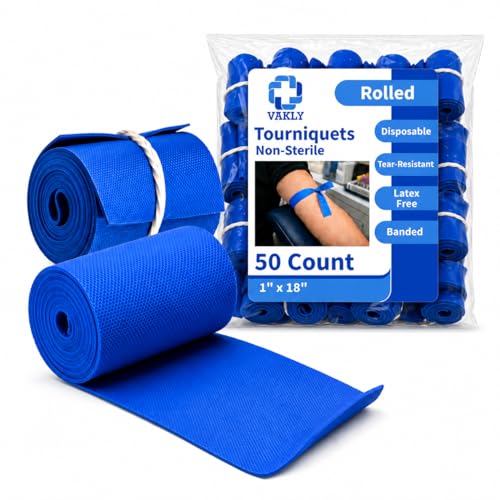 Image of Disposable Tourniquet Bands [Pack of] Blue Textured 1 inch x 18-Inch-Long Pre-Cut, Rolled and Banded - Single-Use Elastic Latex-Free First Aid Medical Tourniquets (50) | Single-Use Elastic Latex-Free Tear-Resistant First Aid Tourniquets for Emergency & Home Use - Nursing Supplies
