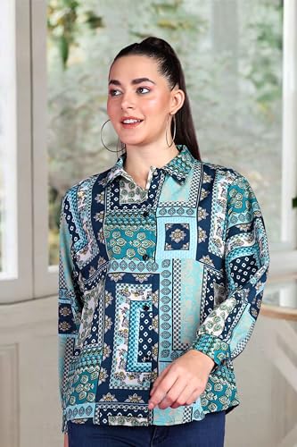 Image of POPWINGS Women Casual Sky Blue Floral Printed Shirt | Collar Button Shirt | Full Sleeve Shirt | Trendy Shirt | Regular Casual Shirt
