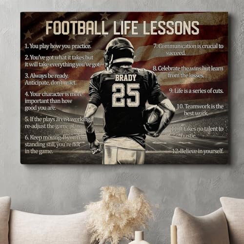 Personalized Football Life Lessons Canvas Wall Art Print - Football Player Name & Number Poster Gift For Him
