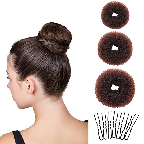 Foto von Donut Hair Bun Set,VEGCOO 6 Stück Donut-Haarknoten(3Größe),mit 10 elastischen Haarband,10 U-Form Haarspange Haarnadel,Duttkissen Frisurenhilfe Set,Haarknoten Former(Brown)