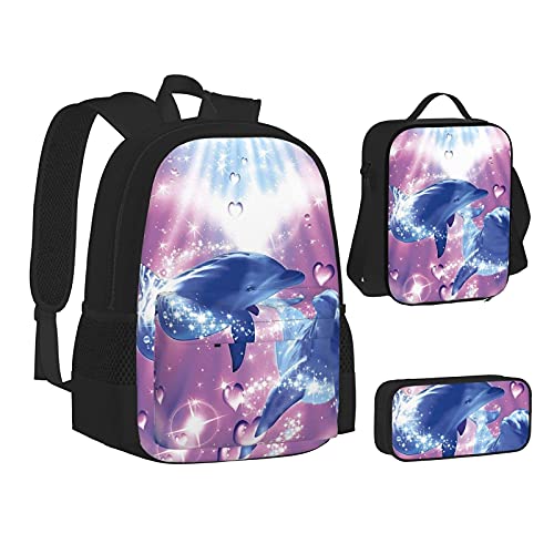 Dolphins in Love Print Rugzak voor jongens Tieners Boekentas Reizen Dagrugzak, Lunch Bag en Pencil Case combinatie - Afbeelding 3