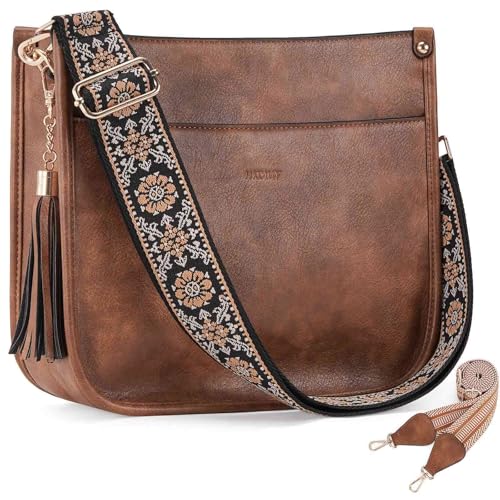 Image of HKCLUF Vegan Leather Crossbody Bags Purse for Women Trendy Tassel Hobo Handbag Women With 2PCS Adjustable Guitar Strap | Vegan Leather