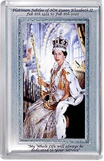 Platinum Jubilee souvenir Fridge Magnet showing HM Queen Elizabeth II in Coronation Robes and a quotation from her speech My whole life will always be devoted to your service