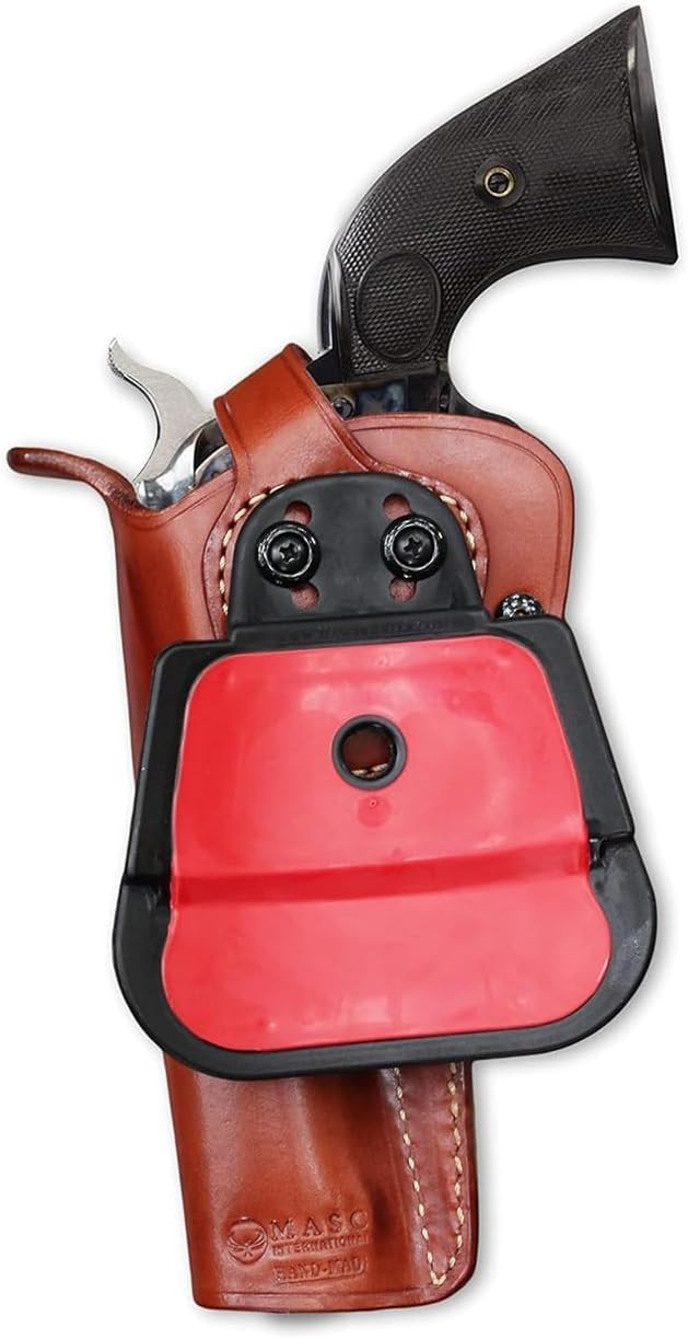 Masc OWB Leather Paddle Revolver Holster with Retention Strap, Fits Single Action Army Sheriff 45 3-1/2-inch, Right Hand Draw, Brown #1807#
