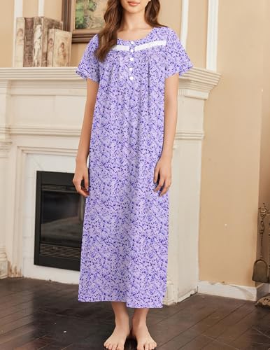 Image of Ekouaer Nightgown for Women Cotton Long Night Gown Short Sleeve Nightdress with Pockets Button Sleepshirt Soft Sleepwear