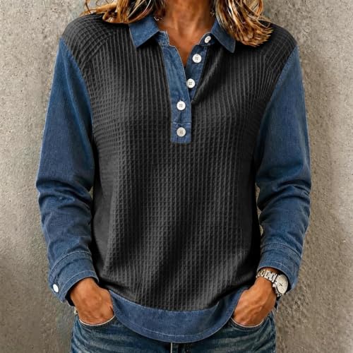 Waffle Tops for Women Denim Patchwork Collared Button Fall Shirts - image 5