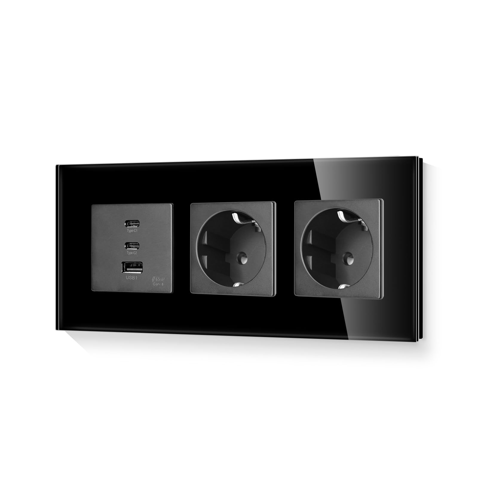 LIAONFOY Schuko Doppelt Steckdose mit Super Fast Charging Drei Ports Wandsteckdose Typ c und USB Kombination Ladeanschlüsse Glasrahmen Schwarz 228mm 100-240V (Neutrale Linie erforderlich)
