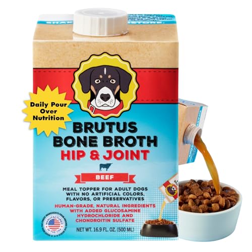 Brutus Broth Beef Bone Broth for Dogs - Meal Topper with Glucosamine & Chondroitin | Beef Bone Broth 16.9 FL Oz | Hydrating Wet Dog Food Topper Supports Hips and Joints of Dogs Cats