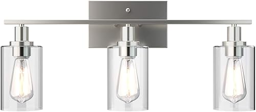 Tangkula Lámparas de tocador de baño de 3 luces, apliques de pared modernos con pantalla de vidrio transparente con base E26, iluminación de pared disponible en Yaxa El Salvador