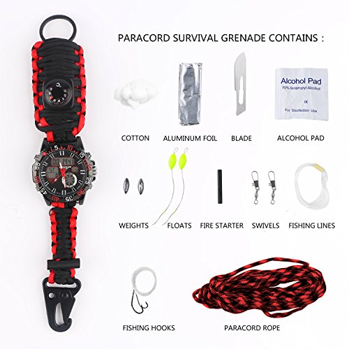 BlueStraw Men Women Survival Analog Digital Watch, Waterproof Tactical Dual Time Display Emergency Sports Adjustable Watch 5 Time Patterns 3 Interchangeable Wristbands Alarm Watch with Survival Gear