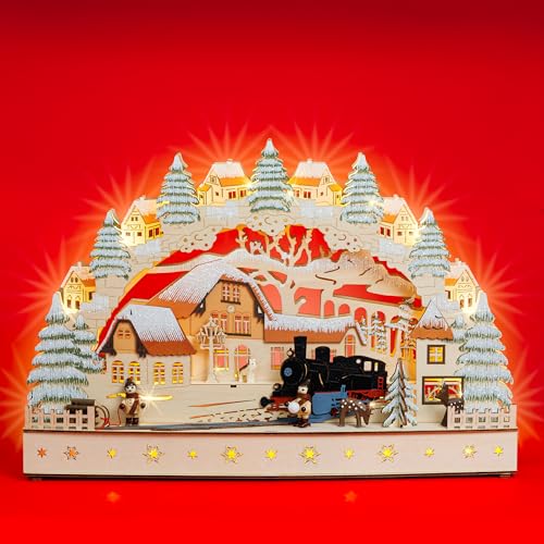 SIKORA LB96 beleuchteter LED Schwibbogen aus Holz mit Lok Motiv