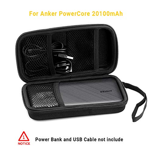 EasyAcc Power Bank Bag for Anker PowerCore 20100mAh, Premium EVA Hard Case Carrying Pouch External Battery Bag for 20000mAh 26000mAh Portable Charger, USB Cable, Hard Drive, Earphones, Cards – Black