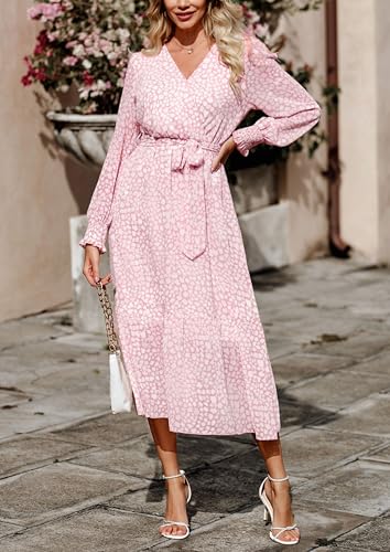 Image of PRETTYGARDEN Women's Floral Boho Dress Fall Long Sleeve Wrap V Neck Ruffle Flowy Maxi Spring Wedding Guest Vacation Dresses