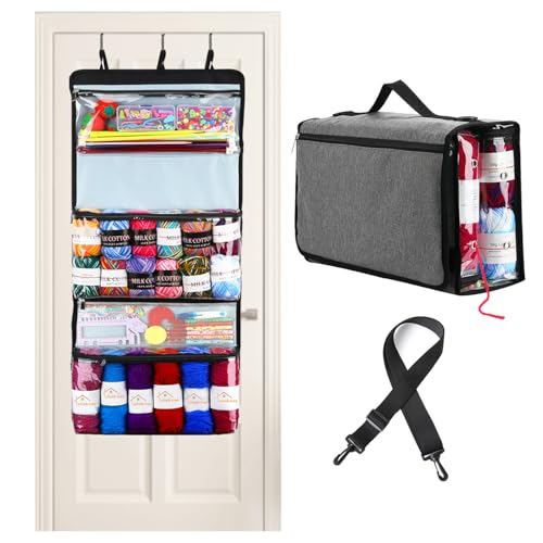 Image of Hanging Yarn Storage Organizer,Foldable Large Capacity Yarn Storage Bag for Crocheting with 5 Zipper Closure Compartments for Yarn Balls,Crochet＆Knitting Needle