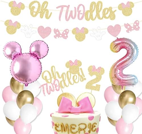 Oh Twodles Balloons Minnie Second Birthday Mouse Banner Cake Topper 2nd Banner Party Supplies Decorations Photo Prop for Girl Baby Bday Pink