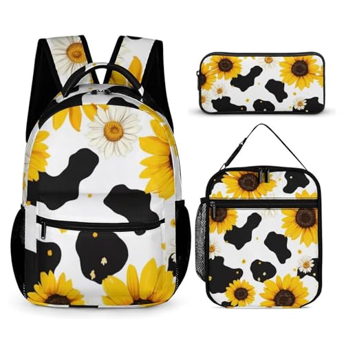 Travel Bookbag Set with Lunch Bags and Cosmetic Bag 80s Vintage Sunflower Cow Print Backpack with Lunch Box Storage Bag Backpack Bookbag Set