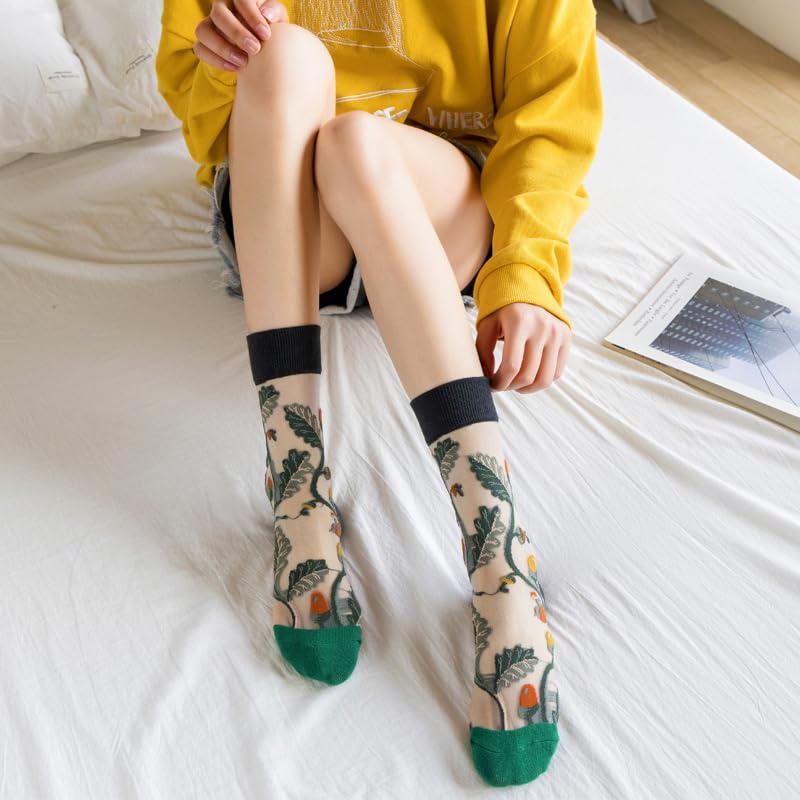 Image of 6 Pairs Women Floral Sheer Socks Elastic See Through Mesh Lace Jacquard Transparent Socks, 5-7.5