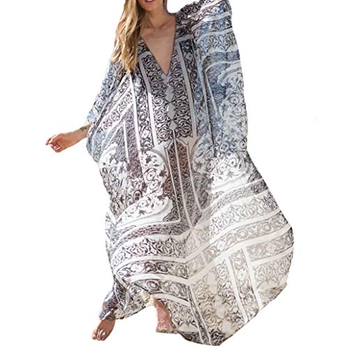 Bestyyou Women&#39;s Semi-Sheer Chiffon Long Caftan Lounger Printed Kaftan Dress Bathing Suit Bikini Swimsuit Cover Up Swimwear (Printed B)