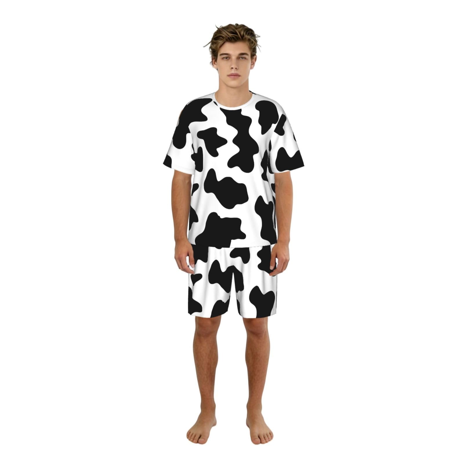 Bianco E Nero Stampa Mucca Stampa Uomini Manica Corta Pigiama Set Pigiameria Leggero Traspirante Morbido Homewear 2 pezzi