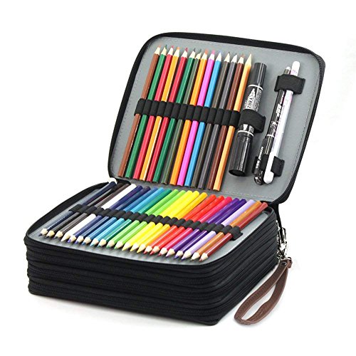 Laconile Cuir PU 168 logements Super Grande capacité multicouches étudiants Organiseur de crayons de couleur Wrap étui de rangement Sac pochette support avec poignée Sangle papeterie Marron 