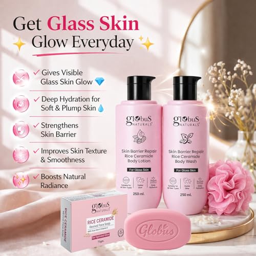 Image of Globus Naturals Rice Ceramide Bath & Body Gift Set for Glass Skin | Body Wash 250ml, Body Lotion 250ml & Face Soap 75g, Loofa | Hydrating, Skin Barrier Repair & Glow Body Care Gift Set