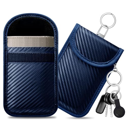 caslord Faraday Pouch for Car Keys Pack of 2 Anti-Theft RFID Key Fob Protection Bag with 4 Pack Key Rings for Car Security M Blue
