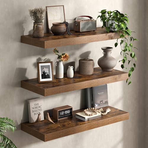 Image of Fun Memories 12 Inch Deep Floating Shelf, 24 x 12 Rustic Wood Wall Shelf for Books, 2 inch Thick Deep Floating Shelf for Storage & Display in Kitchen, Living Room, Bedroom, Rustic Brown, 2 Packs