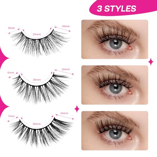Image of CALAILIS False Eyelash, Eye Makeup Lash 3D Faux Mink Fake Eyelash Long Natural Eyelashes 3 Pairs with 5g False Eyelash Glue (CS28)