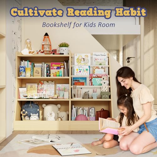 39" Large Kids Wooden Bookshelf and Toy Storage Organizer, Baby Bookcase with Sling Book Rack, Children Toddler Wooden Book Shelf for kids rooms, Playroom, Classroom, Nursery, School (Natural) - Image 5