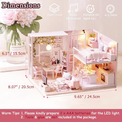 Image of TuKIIE DIY Miniature Dollhouse Kit with Furniture, 1:24 Scale Creative Room Mini Wooden Doll House Accessories Plus Dust Proof & Music Movement for Kids Teens Adults(Tranquil Life)