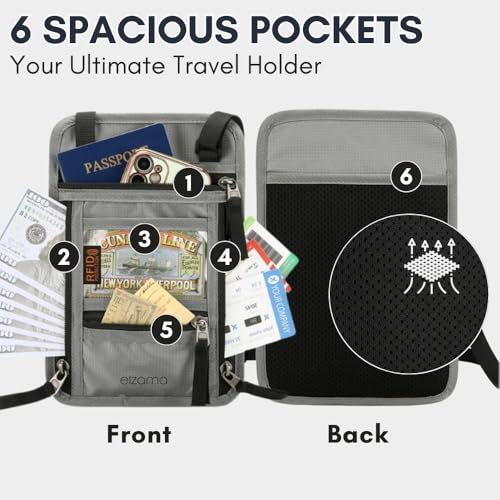 elzama Travel Neck Wallet, Neck Passport Holder, RFID Blocking Passport Wallet Super Slim & Lightweight Travel Pouch Holder for Men & Women (Light Grey)2