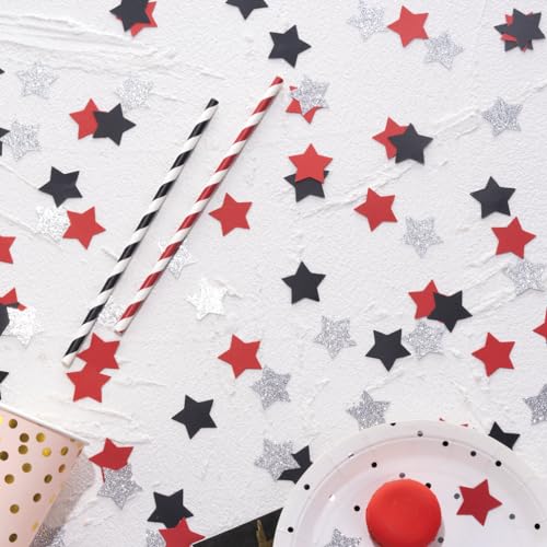 Image of MOWO Red Black and Silver Star Confetti Table Decoration, 1.2'', 200pc | 4th July Independence Day Graduation Retirement Patriotic Theme Party, 1.2 inch in Diameter, 200 Counts