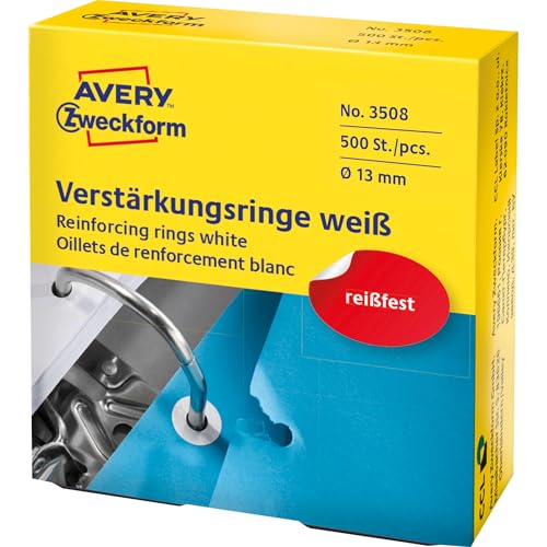 AVERY Zweckform 3508 Lochverstärker selbstklebend 500 Stück (Ø13mm Lochverstärkungsringe auf Rolle permanent haftende Ringverstärker Ringlochverstärker fürs Abheften reißfeste Folie) weiß