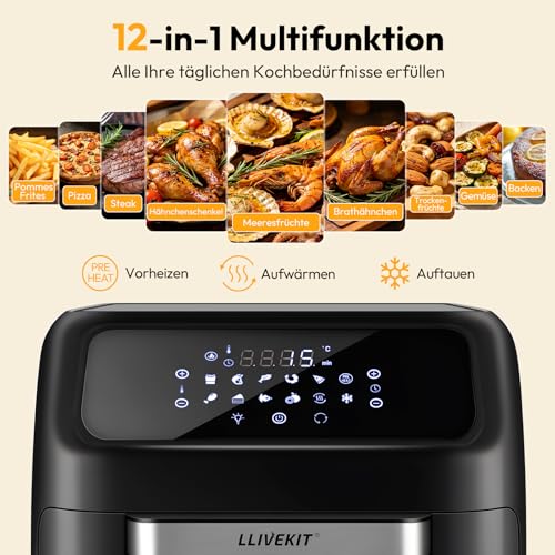 LLIVEKIT 12L Heißluftfritteuse, Heißluftbackofen mit Drehspieß, Mini Backofen mit Umluft 1800W...