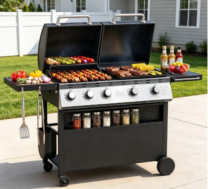 Aoxun 5-Burner Propane Gas Grill & Griddle Combo 54000 BTU 2-in-1 Outdoor BBQ Grill Porcelain Enameled Cast Iron Cooking Grates Large Cooking Space for Backyard Patio Cooking