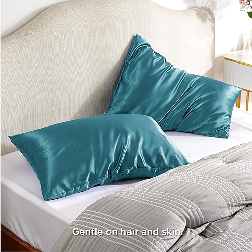Image of Bedsure Satin Pillowcase with Zipper,King Pillow Cases Set of 2 | Similar to Silk Pillow Cases 2 Pack, Silky & Soft Pillow Cover for Hair and Skin, Gifts for Women Men, Teal, 20x36 Inches