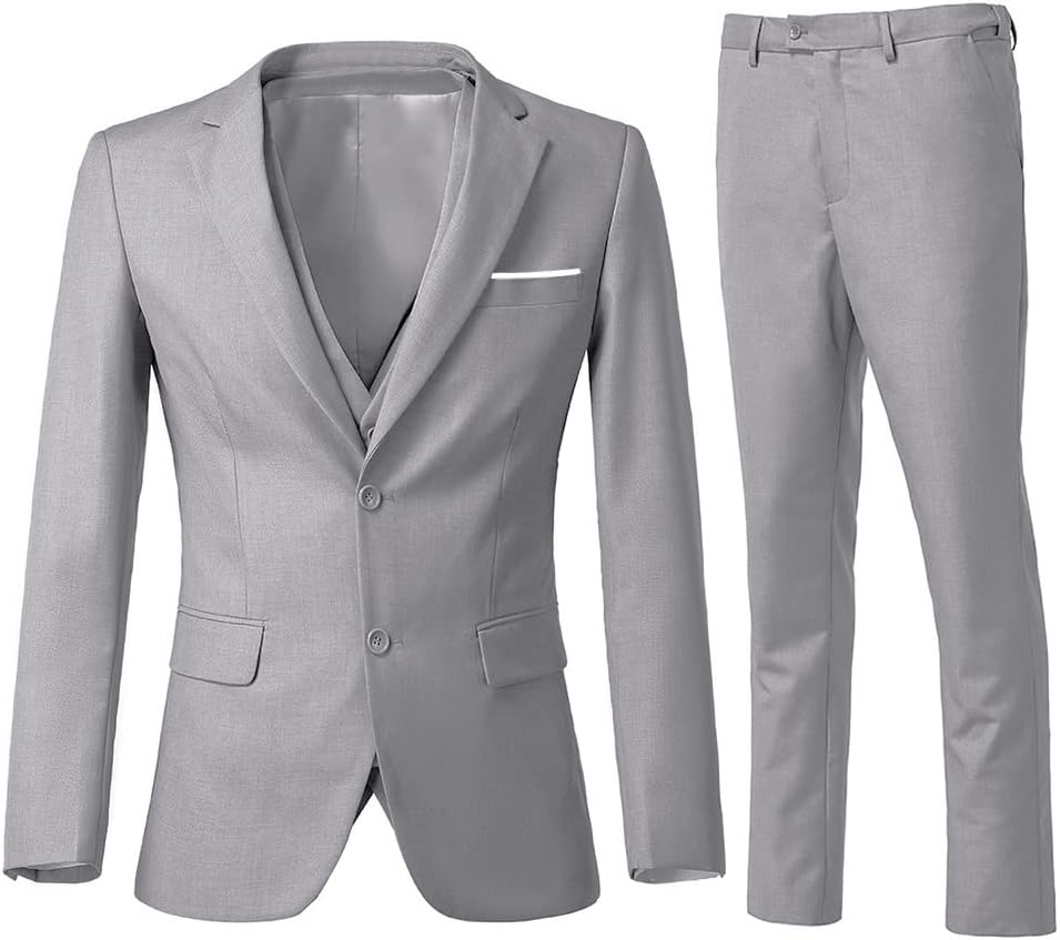 Men's 3 Piece Slim Fit Suit Set, Two Button Blazer Solid Jacket Vest Pants Wedding Business Suit