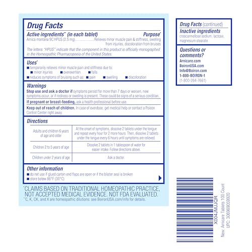 Image of Boiron Arnicare Tablets - 100 Count for Pain Relief from Muscle Pain, Joint Soreness, Swelling from Injury or Bruises - Arnica Meltaway Tabs