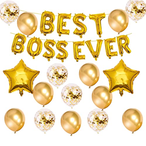 Bosses Day Decorations Best Boss Ever Balloons and Banners Gold Confetti Latex Balloon for Happy Bosss Day Party Supplies Best Boss Ever Party Decoration