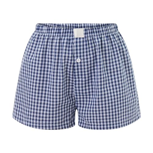 Image of Yuemengxuan Y2k Plaid Shorts Baggy Boxer Shorts for Women Elastic Waist Casual Lounge Bottom Gingham Pajama Shorts Sleepwear