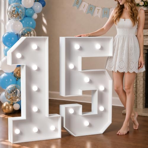 Image of Marquee Numbers 3 Feet Tall Big Light Up Numbers 15th Happy Birthday Decorations Girl Boy White Anniversary Party Decor Large Cardboard Prop Backdrop Sign 15 | Cool White Light, Large 15th Anniversary Party Decor, Big Stable Sign, Assembly Required, Foam Board 38 Pcs Accessory Set