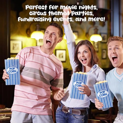 Image of Potchen 300 Pcs Paper Popcorn Bags Bulk 2 oz Large Individual Serving Popcorn Bag Flat Bottom Disposable Container Vintage for Movie Night Themed Summer Back to School Party Carnival (Dark Blue)
